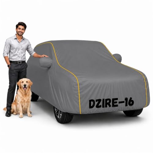 Image of Waterproof Car Cover for Dzire 2012-16 | Soft Cotton Lining Heavy Duty Triple Stitched Heat Resistant Outdoor Cover Comes with Mirror and Antenna Pocket Full Bottom Elastic (Zig Zag Grey)