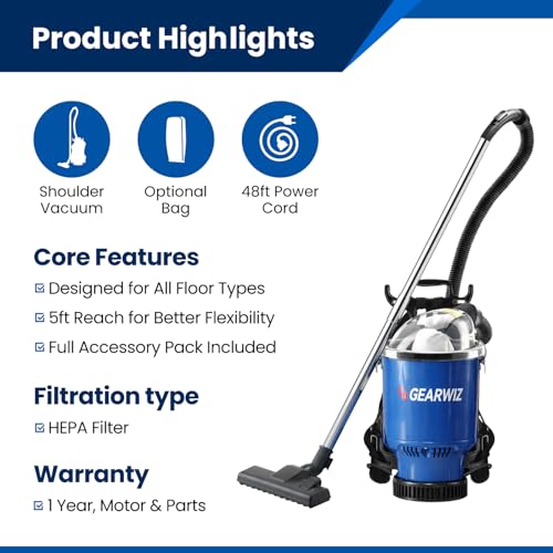 Image of Gearwiz Backpack Vacuum Cleaner - 1000W Shoulder Vacuum with 25KPA Suction, Bagged or Bagless Use, Adjustable Harness, Double Filtration, Washable Dust Bag & Tools for Home, Office, Stairs & Cars
