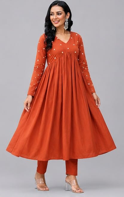 Image of Women's Long Kurta Set with Pant Polka Dots, Embroidered, V-Neck Empire Waist, Full Sleeves