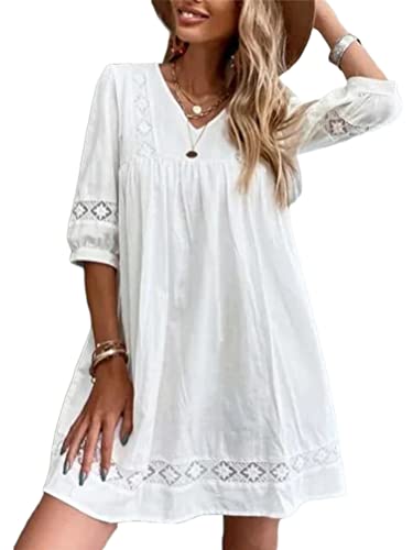 shownicer Femme Robe en Dentelle Été Col V Manches Longues Lâche A-Line Mini Robe Dentelle Casual Couleur Unie Robes Ample de Plage A6 Blanc XL