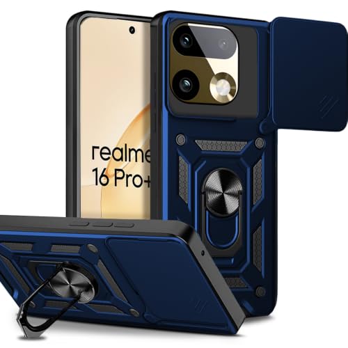 Image of AESTMO Tough Armor Realme 16 Pro Plus 5G Bumper Back Case Cover | Ring Holder & Sliding Camera Shield Cover | 360 Degree Protection Back Case Cover for Realme 16 Pro Plus 5G (Blue)