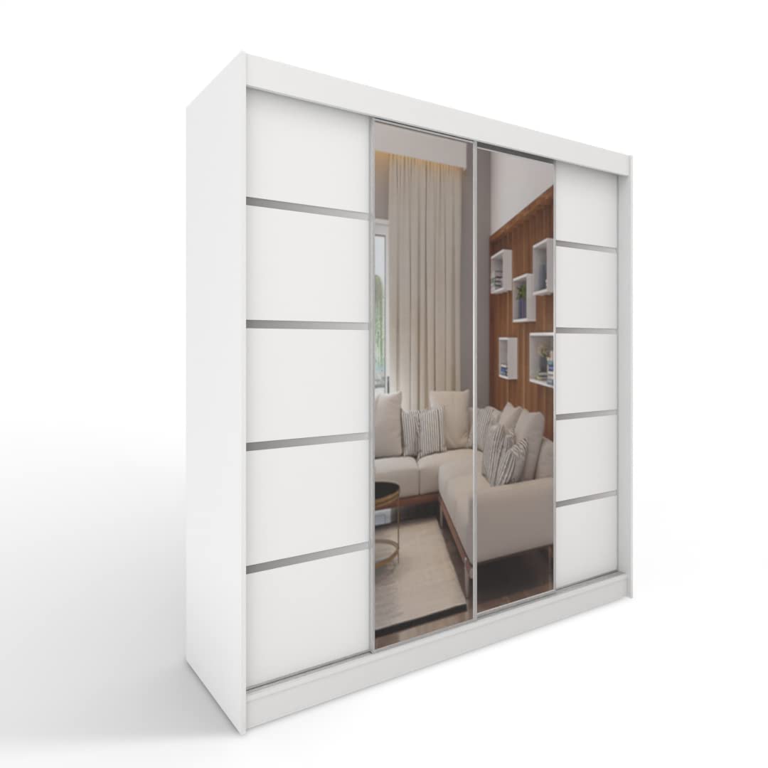 ML Furniture C5 Schiebetüren Kleiderschrank 150 x 200 x 58 cm mit Spiegel - Schlafzimmermöbel, Aufbewahrung - Mehrzweckschrank - Farbe: Weiß - 2 Schiebetüren