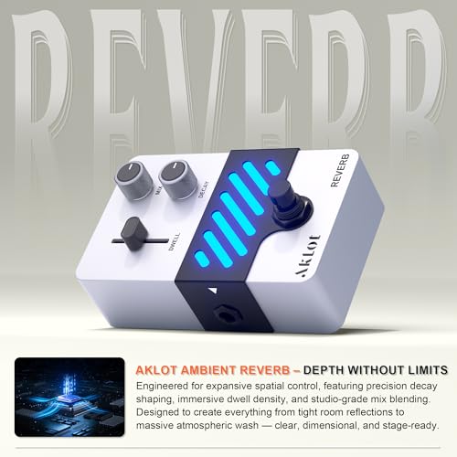 Image of AKLOT Reverb Electric Guitar Pedal: From Subtle Room Ambience to Expansive Hall & Shimmer Tails, Dynamic Touch-Responsive Decay, Mix & Decay Controls, Mini Guitar Pedal with True Bypass, NEON Halo