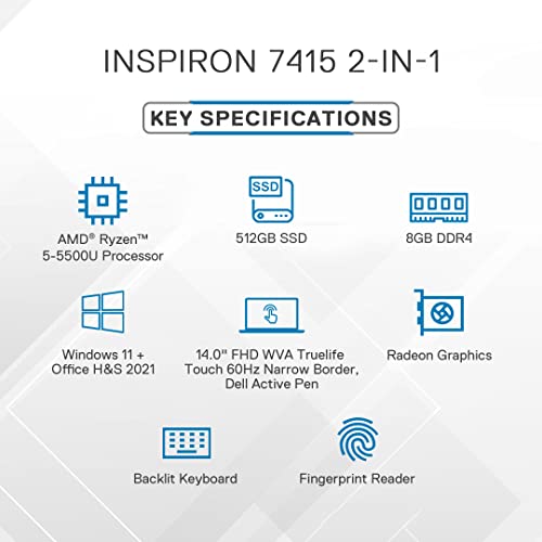 Image of Dell New Inspiron 7415 2in1 Laptop AMD Ryzen 5-5500U 14 inches(35cm) Touch FHD 60Hz, 8GB, 512GB SSD, Windows 11 + MSO'21, Pebble Green Color, FPR + Backlit KB & Active Pen (D560624WIN9P), 1.56Kgs