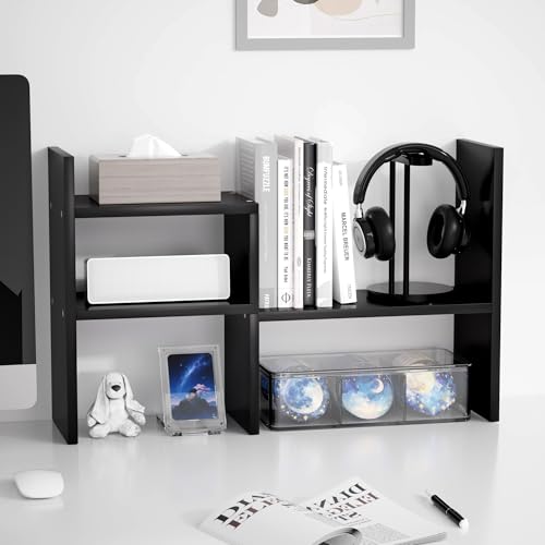 Jerry & Maggie Desktop Organizer Office Storage Rack Adjustable Wood Display Shelf, Birthday Gifts Toy Home Decor Free Style Rotation Display True Natural Stand Shelf (Black)
