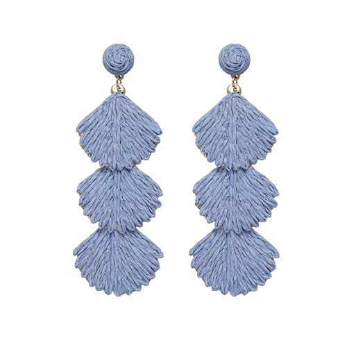 SELFWIMG Raffia Dangle Earrings for Women - Boho Statement Rattan Drop Jewelry with Shell Design, Lightweight Summer Beach Trendy Accessories, Light Blue