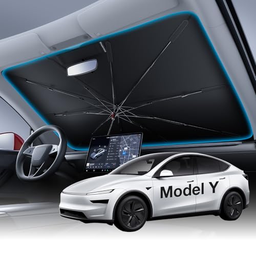 Wigoo Windshield Sun Shade Umbrella for Tesla Model Y [100% Sun Blockage Ice Cooling Fabric] Foldable Heat Insulation Front Window Sunshade Umbrella for Tesla Model Y 20202026 (Juniper)