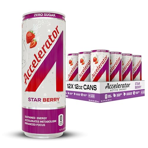 Image of Accelerator Active Energy Drink, Star Berry 12oz can (12 pack) | Zero Sugar, Sustained Energy from 100% Natural Caffeine (200mg from Green Coffee Bean & Green Tea extract)