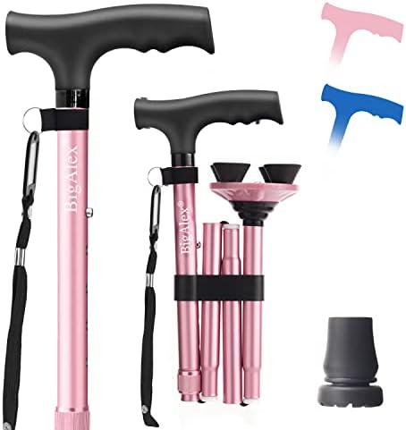 BigAlex Folding Walking Cane Adjustable & Portable Walking Stick,Pivoting Quad Base,Lightweight,Collapsible with Carrying Bag for Men/Woman(Pink)
