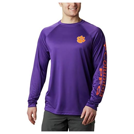 Columbia NCAA Clemson Tigers Men's Terminal Tackle Long Sleeve Shirt, Large, CLE - Vivid Purple/Spark Orange