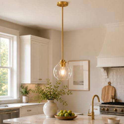 OUVR Gold Pendant Light &ndash; 7 Inch Clear Glass Farmhouse Hanging Fixture, Adjustable Height & Sloped...