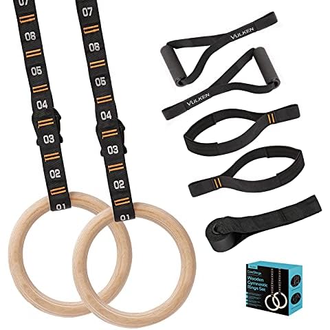 Vulken Wooden Gymnastic Rings with Adjustable Numbered Straps. 1.1'' Olympic Rings for Core Workout, Crossfit, and Bodyweight Training. Home Gym Rings 1600lbs with Workout Handles Cover