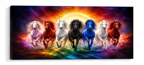 Image of 7 Horse Vastu Sunrise Canvas Painting | Positive Energy Wall Decor | Big Size Premium Running Horses Artwork for Home, Office & Hall Decoration (Modern, Galaxy Horse, 44x20 Inch)
