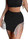 TYNORA Women's Rhinestone Fringe Glitter Trim Short Dresses High Waist Short Bodycon Mini Skirt Clubwear Black XL