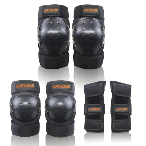 LANOVAGEAR Kids Adult Knee Elbow Pads and Wrist Guards Adjustable Safety Protective Gear Set for Cycling Skateboard Inline Skating (Small, Black)