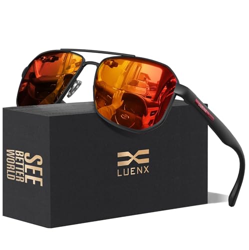 LUENX Aviator Sunglasses for Men Driving Square Polarized Polygon Mirror Orange Red Lens - UV 400 Protection