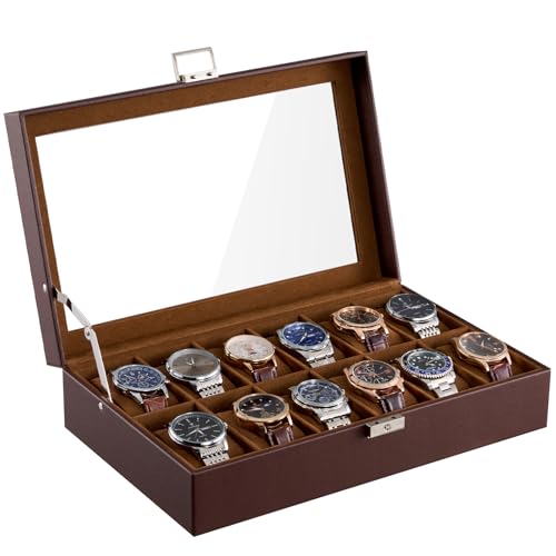 ProCase 12 Slot Watch Case Box for Men, PU leather Man Watch Organizer with Soft Pillow, Lockable Watch Collection Storage Holder with Glass Display L