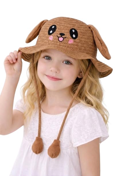Image of FabSeasons Kids Cute Straw Sun Hat with Moving Ears (Ages 4-8 Years) | UV Protection, Wide Brim, Foldable, Beach Bucket Cap | Girls & Boys Breathable Summer Sun Hat with Inner Adjustable String