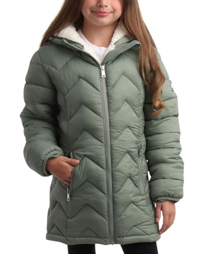 DKNY Girls Puffer Jacket - Full Sherpa Lined Glacier Shield Mid Length Quilted Puffer Jacket Kids Insulated Winter Coat, Size 6X, Sage Green