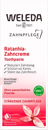 WELEDA Bio Ratanhia Zahnpasta - fluoridfreie Naturkosmetik Zahncreme zur natürlichen Zahnpflege. Sanfte Zahnreinigung stärkt das Zahnfleisch, schützt vor Karies & entfernt Zahnbelag (vegan / 75ml)