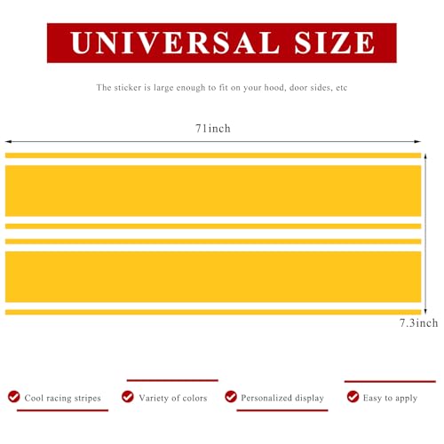 Image of 2 PCS Car Hood Sticker, 70.9 inch x 7.3 inch Waterproof Racing Stripes Auto Body Side Decals, Sports Style Hood Sticker Exterior Decoration for Most Vehicles, Car Accessories (Yellow)