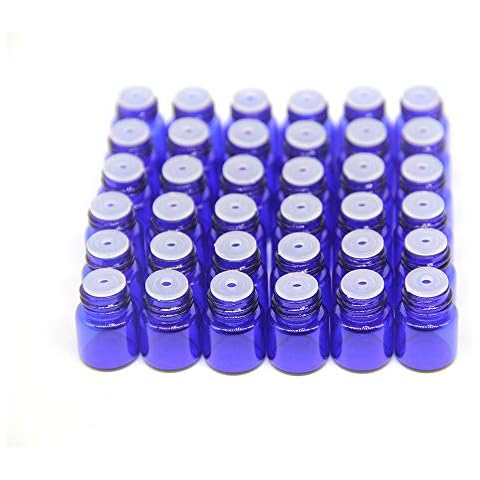 Yizhao Essential Oil 1ml Blue Sample Glass Bottle, Samll Sample Glass Vials Empty for Essential oil Diffuser,Massage,Beauty Oil Mix,Lab bottle with [Orifice Reducers]- 36 Pcs Cover