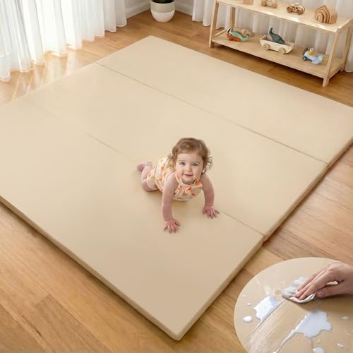 Mallify Foldable Baby Play Mat, 50''x50'' Waterproof Thick Foam Vegan Leather Playpen Mat for Infants and Toddlers, Portable Baby Mat for Floor, Beige by Mallify - Used condition - US$42.74