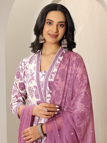 Image of Mauve floral printed anarkali kurta and printed palazzo with embellished dupatta | ethnic wear | bridal suit | occasion wear