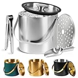 Ice Bucket, Ice Bucket with Silicone Sealing Ring Double-Wall Vacuum Insulation Champagne Buckets with Filter Layer Ice Tongs Ice Scoop (Silver, 3 L)