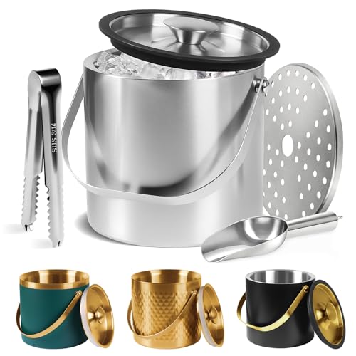4L Ice Bucket, Ice Bucket with Silicone Sealing Ring Double-wall Vacuum Insulation Champagne Buckets with Filter Layer Ice Tongs Ice Scoop (Silver)