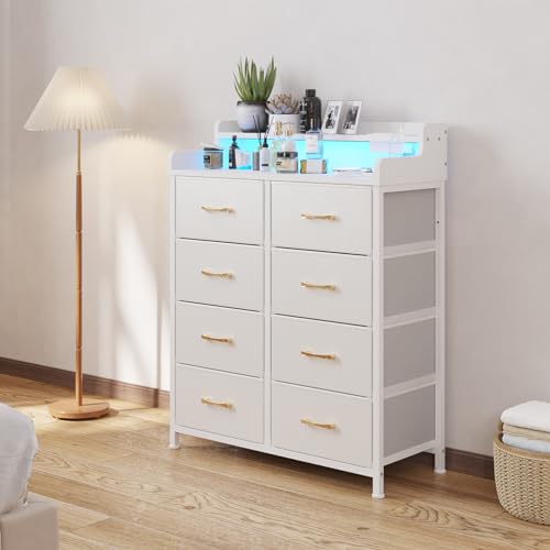 LUMTOK-8-Drawers-Dresser-with-Power-Outlets-Built-in-Power-Strips-LED-Strips-Fabric-Dressers-Drawers-for-Bedroom-Hallway-Nursery-Steel-Frame-Wood-Top-Easy-Pull-Handle-White LUMTOK 8 Drawers Dresser with Power Outlets Built in Power Strips LED Strips Fabric Dressers Drawers for Bedroom Hallway Nursery Steel Frame Wood Top Easy Pull Handle White