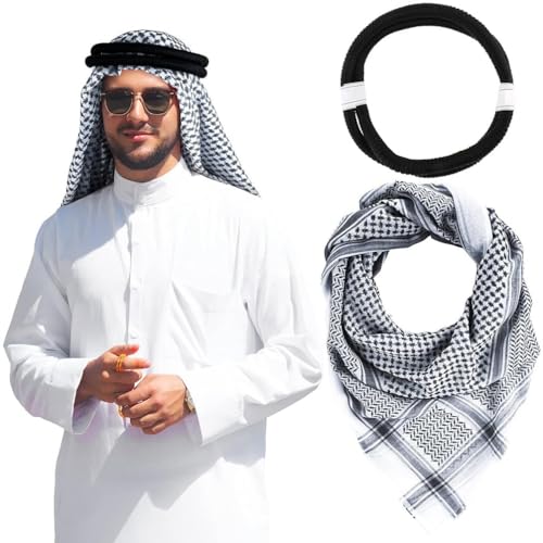 Arab Men's Shemagh Headscarf with Black Headband Keffiyeh Turban with ...