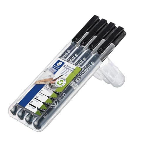 STAEDTLER permanenter Universalstift Lumocolor, wisch- und wasserfest, für fast alle Oberflächen, sekundenschnell trocken, nachfüllbar, 4 schwarze Marker in sortierten Linienbreiten, 31-9WP4GS