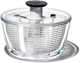 OXO Salad Spinner, Vegetable Colander, Glass Salad Spinner, For 4+ People, Prep Station, 10.7 x 10.7 x 6.3 inches (27.3 x 27.3 x 16 cm), Dishwasher and Dryer Safe (Low Temperature)