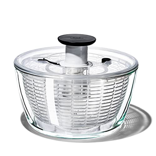 OXO Salad Spinner, Vegetable Colander, Glass Salad Spinner, For 4+ People, Prep Station, 10.7 x 10.7 x 6.3 inches (27.3 x 27.3 x 16 cm), Dishwasher and Dryer Safe (Low Temperature)