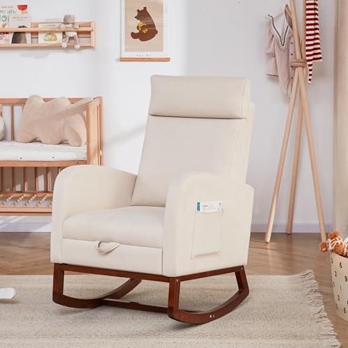 Image of AYEASY Rocking Chair Nursery with Foot Rest, Nursery Rocking Chairs with High Back, Glider Rocking Chair with Pocket, Baby Nursery Glider Rocker, Nursing Chair Accent Living Room (Linen Beige)