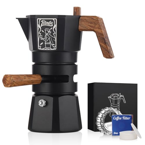 Bincoo 120ML Stovetop Espresso Maker Double Valve Moka Pot with Thermostat Extractor Prevent over-extraction,Italian Espresso Moka Pot with Powder Dispenser and Filter Paper for Home (Black 120ML)