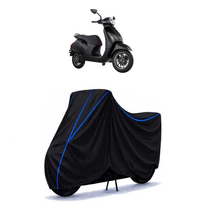 Image of Scooty Cover Water Resistant for New Chetak | Universal Scooter & Bike Cover | Heavy Duty UV Dust, Rain & Scratch Protection | Elastic Fit All Weather Indoor Outdoor | Black with Blue Piping