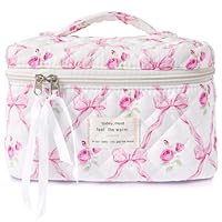 Sminra Makeup Bag Large Travel Quilted Cosmetic Bag Organizer, Floral Cotton Coquette Aesthetic Toiletry Bag Gift for Women Girls (Pink Bow Flowers-L)