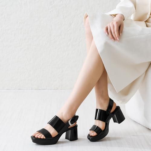 Image of RIBONGZ Block Heels Prom Heeled Sandals for Women Chunky Square Open Toe Strappy High Heels Ankle Strap Wedding Bridal Shoes High Heel Sandals for Party Dress