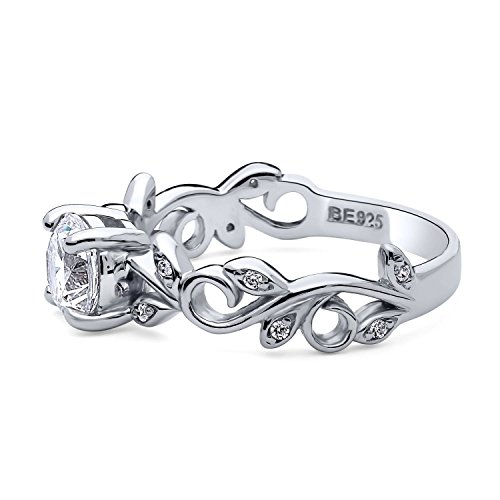 BERRICLE Sterling Silver CZ Solitaire Vine Leaf Wedding Engagement Promise Rings Set for Women, Stackable Cubic Zirconia Band Ring 1-3 Piece Set - Princess, Round Cut3