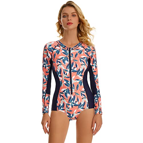 Guardia de la erupción de Moda para Las Mujeres Sexy Manga Larga Traje de baño UPF 50+ impresión Floral de una Pieza Traje de Surf,L Cover