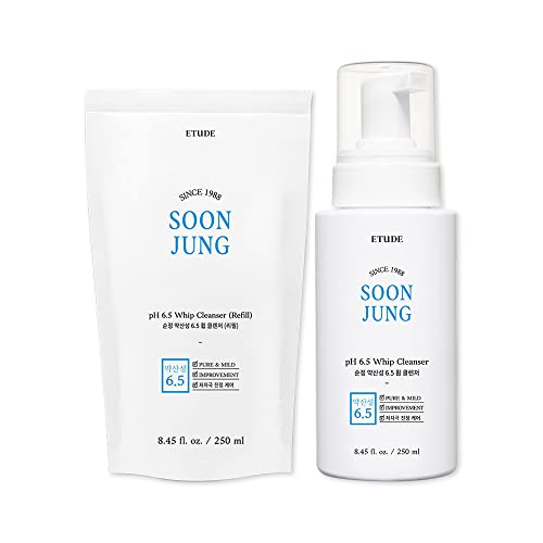 ETUDE SET of SoonJung pH 6.5 Whip Cleansers+Refill (250ml+refill250ml) | Non Comedogenic & Hypoallergenic Soft Bubble Hydrating Facial Cleanser for Sensitive Skin | Fragrance-Free Low-pH Korean Face Wash | K-Beauty