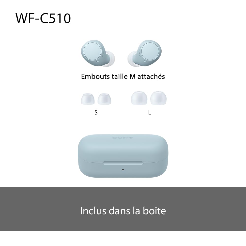 Sony WF-C510 Truly Wireless - Ecouteurs Intra-Auriculaires Bluetooth, Petits, Légers, Connexion Multipoint, Son Ambiant, IPX4, Spotify Tap, Charge Rapide, Batterie jusqu'à 22h, iOS et Android – Bleu