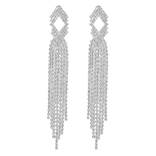 Bridal Wedding Rhinestones Silver Earrings for Women Rhinestone Earrings Sparkly Long Dangle Earrings Dangle Tassels Statement Earrings for Women2