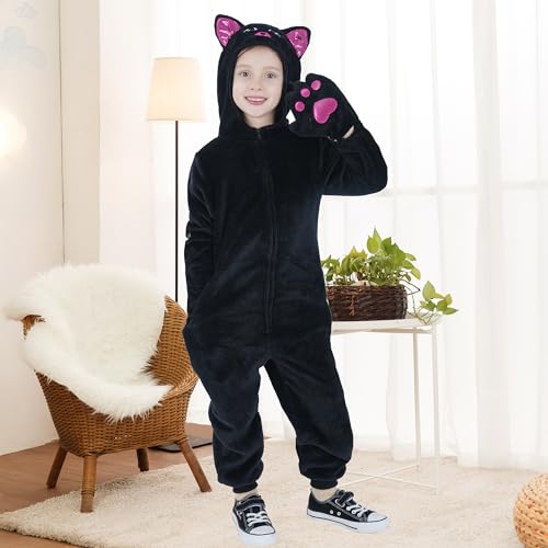 Wizland Kids Black Cat Onesie Costume,Boys and Girls Animal Outfits,One-Piece Hooded Flannel Black Cat Fancy Dress 3-4 years - Image 4