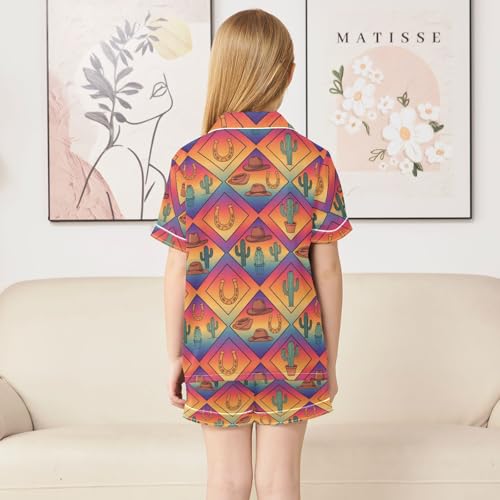 Satin Pajama Sets Short Sleeve Southwestern Themed Pattern Design Button Down Silky Nightwear 2 Piece PJS 5-14Y4