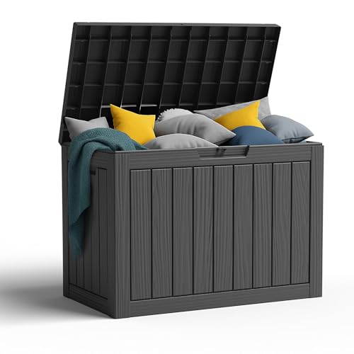 PatioZen 45 Gallon Resin Deck Box Lockable Patio Outdoor Storage Box for Furniture Garden Tools and Tools Storage Waterproof Outside Storage Boxes - Black