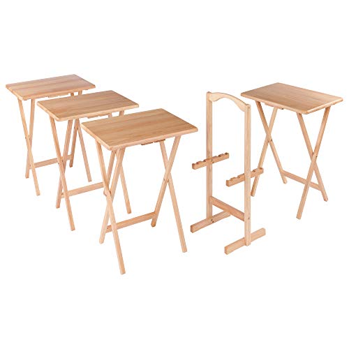 Image of Winsome Wood Alex Snack Table Natural Set 5 Pc, 25.98 inches | Easy to Store Portable Fold Up Table Set for Kitchen, Living Room TV Dining, Crafts, Puzzles, Work From Home