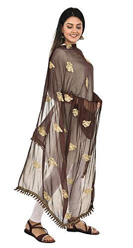 Image of YOUTHQUAKE Golden Patti Embroidered Work Chiffon Dupatta for Womens & Girls with Jaalar Lace